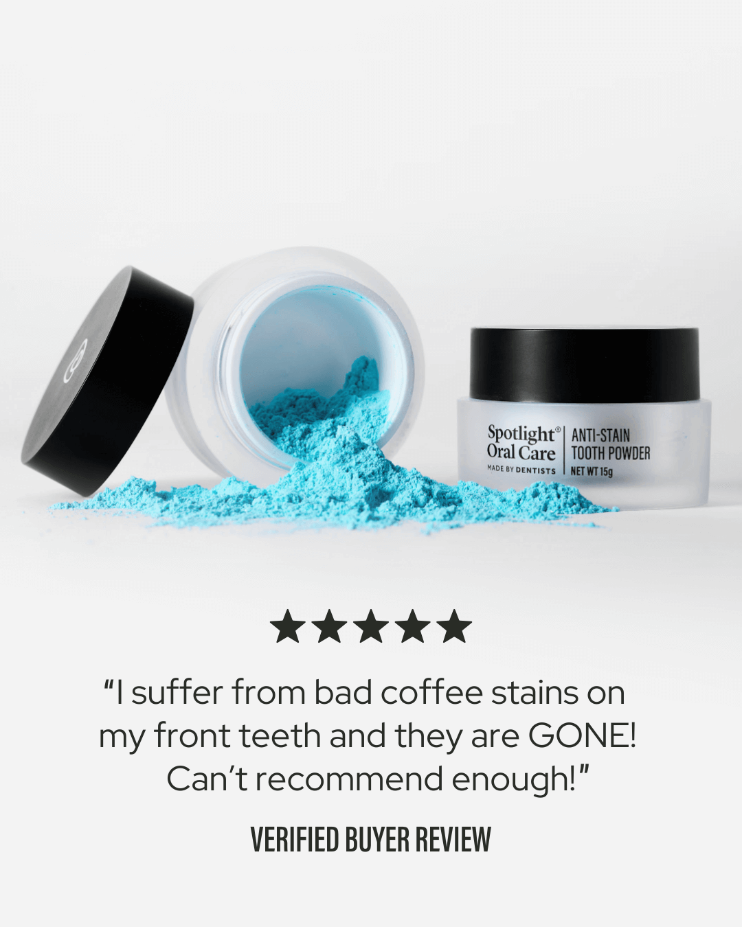 5-star review of the mint-flavoured Anti-Stain tooth powder tackling coffee stains on teeth