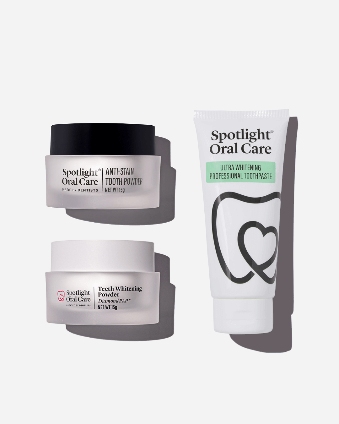 Spotlight Oral Care Anti-Stain Bundle featuring Anti-Stain Tooth Powder, Teeth Whitening Powder Diamond PAP, and Ultra Whitening Professional Toothpaste