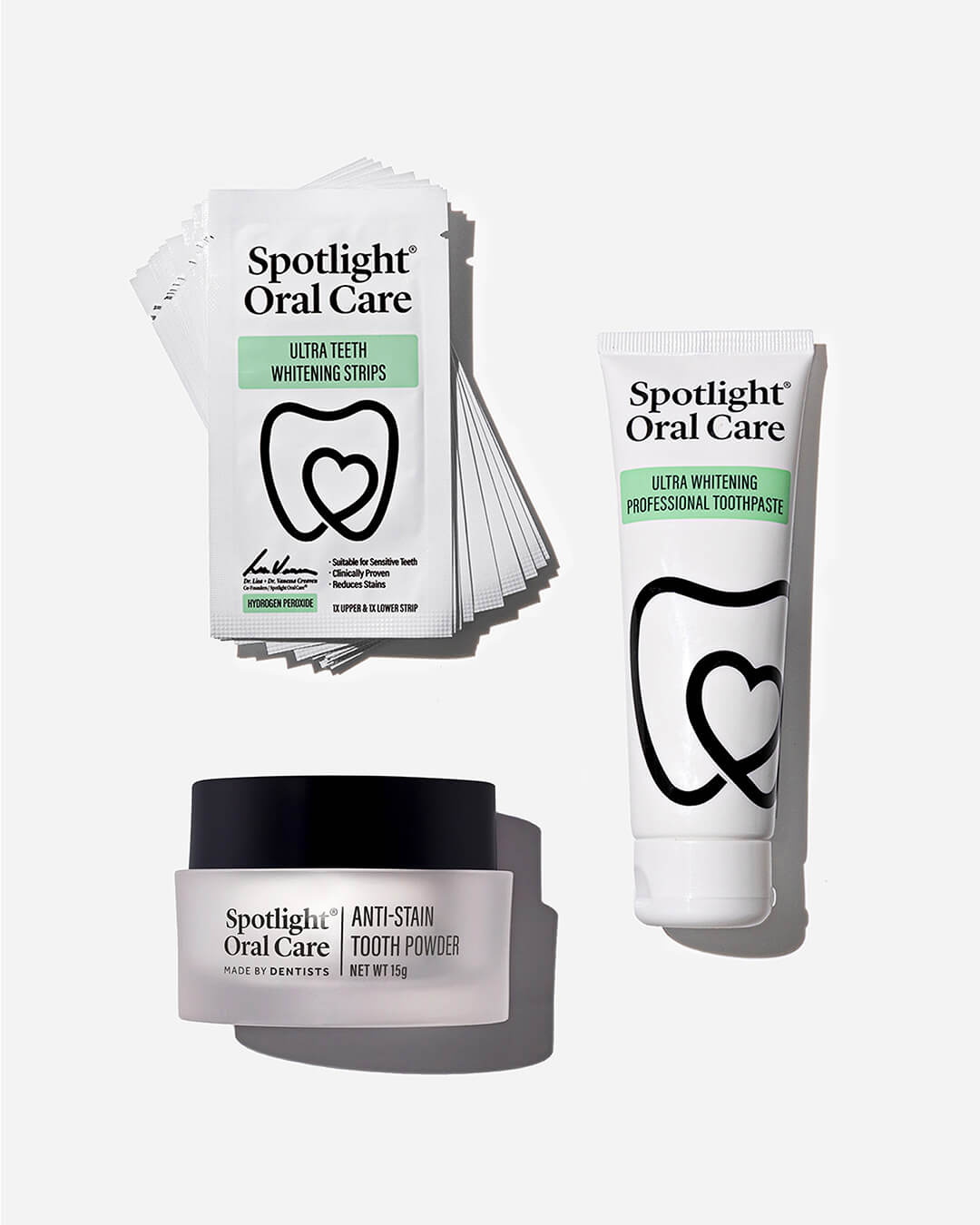 Spotlight Oral Care Strip Away Stains Bundle featuring Ultra Teeth Whitening Strips, Anti-Stain Tooth Powder, and Ultra Whitening Professional Toothpaste