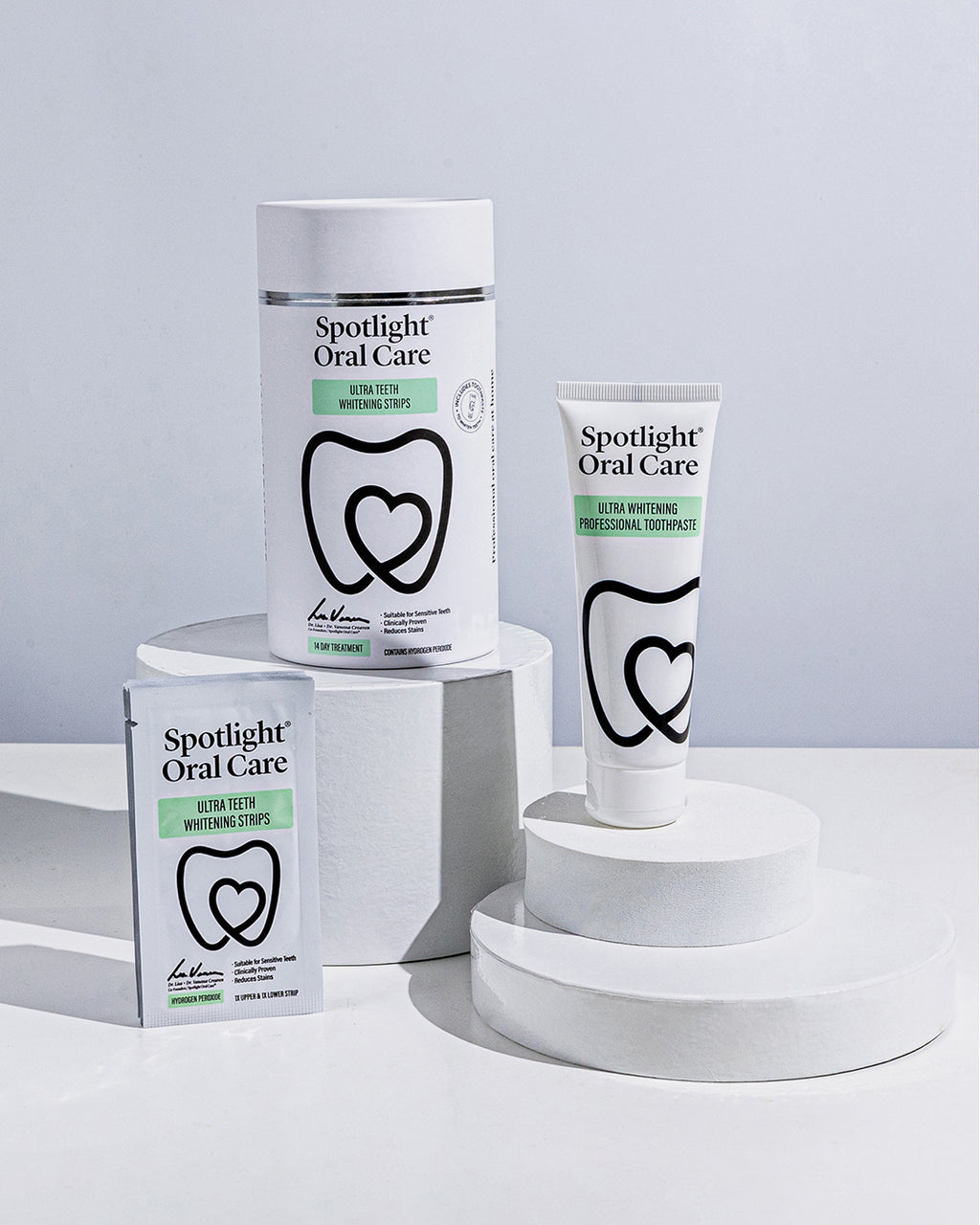 14-day teeth whitening kit including 14 sets of strips and a 75ml Ultra Whitening Professional Toothpaste for comprehensive oral care​