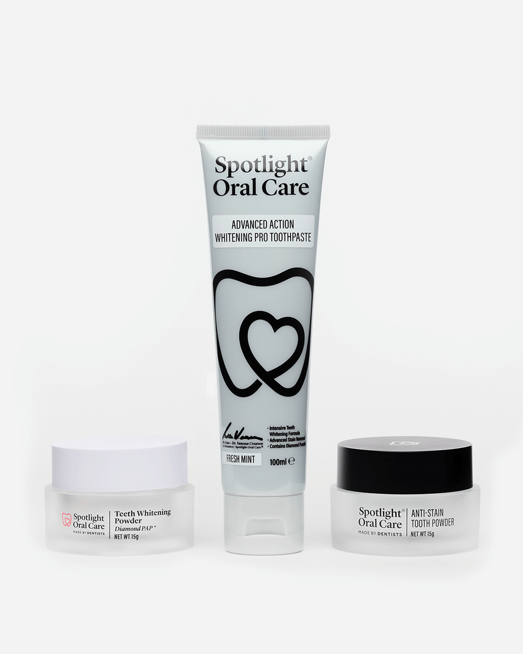 Advanced Action Whitening Toothpaste, Anti-Stain Tooth Powder and Teeth Whitening Powder with Diamond PAP for visibly brighter smiles