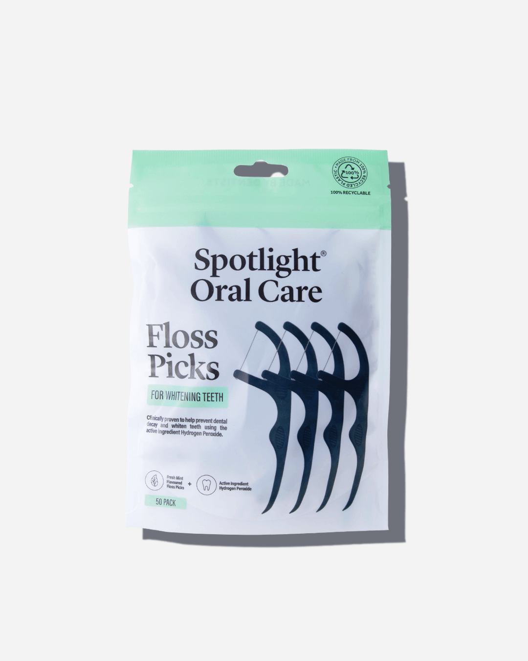 Pack of 50 whitening floss picks featuring Tri-Active Floss and a curved comfort pick to effectively clean between teeth and combat bad breath​