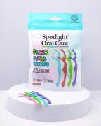 Children's floss picks featuring extra strong textured Tri-Active Floss and ergonomic handles made from 100% recyclable plastic for effective plaque removal​