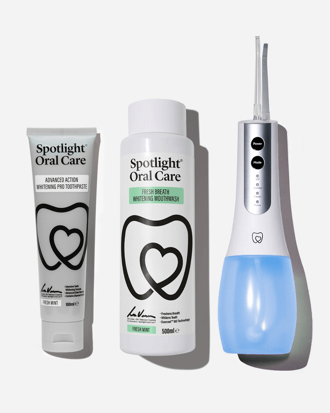 Spotlight Oral Care Fresh and White bundle with whitening toothpaste, water flosser, and mouthwash
