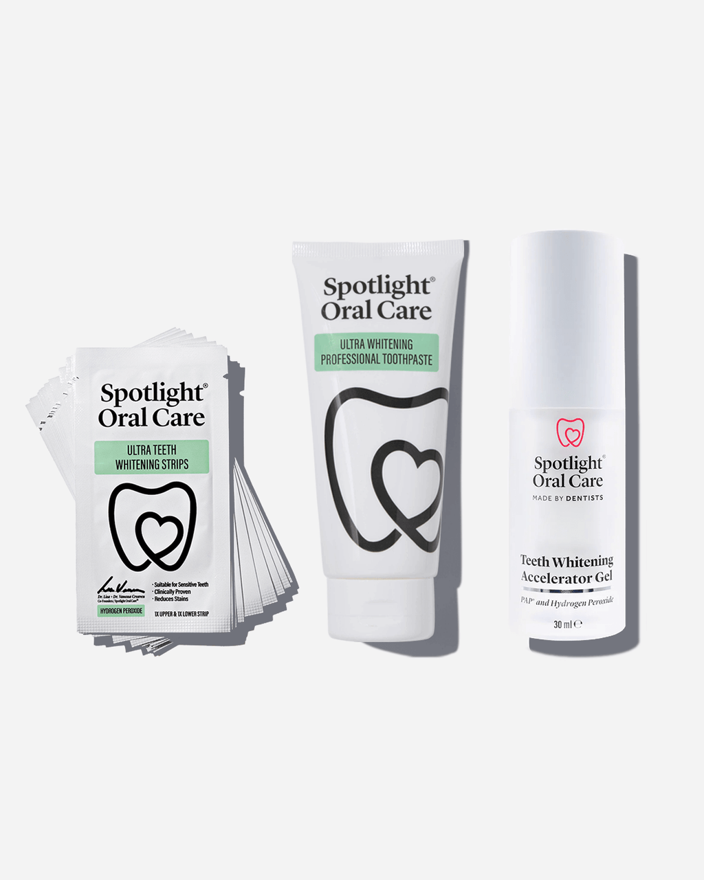 Spotlight Oral Care Instant Whitening Trio featuring Ultra Teeth Whitening Strips, Teeth Whitening Accelerator Gel, and Ultra Whitening Professional Toothpaste​