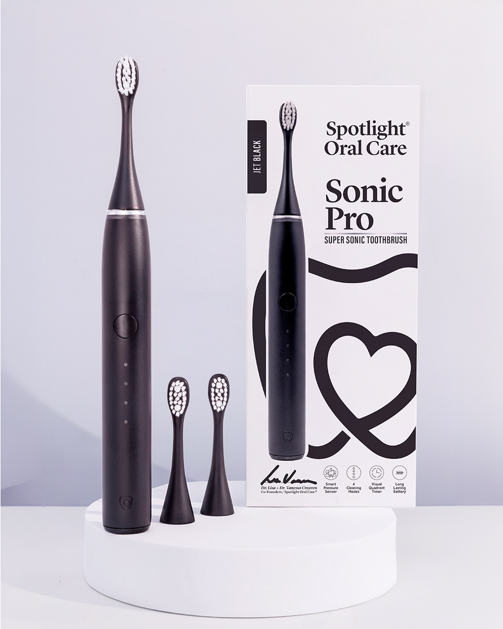 Jet Black Sonic Pro Toothbrush equipped with a visual quadrant timer and micro point tongue cleaner for comprehensive oral hygiene ​