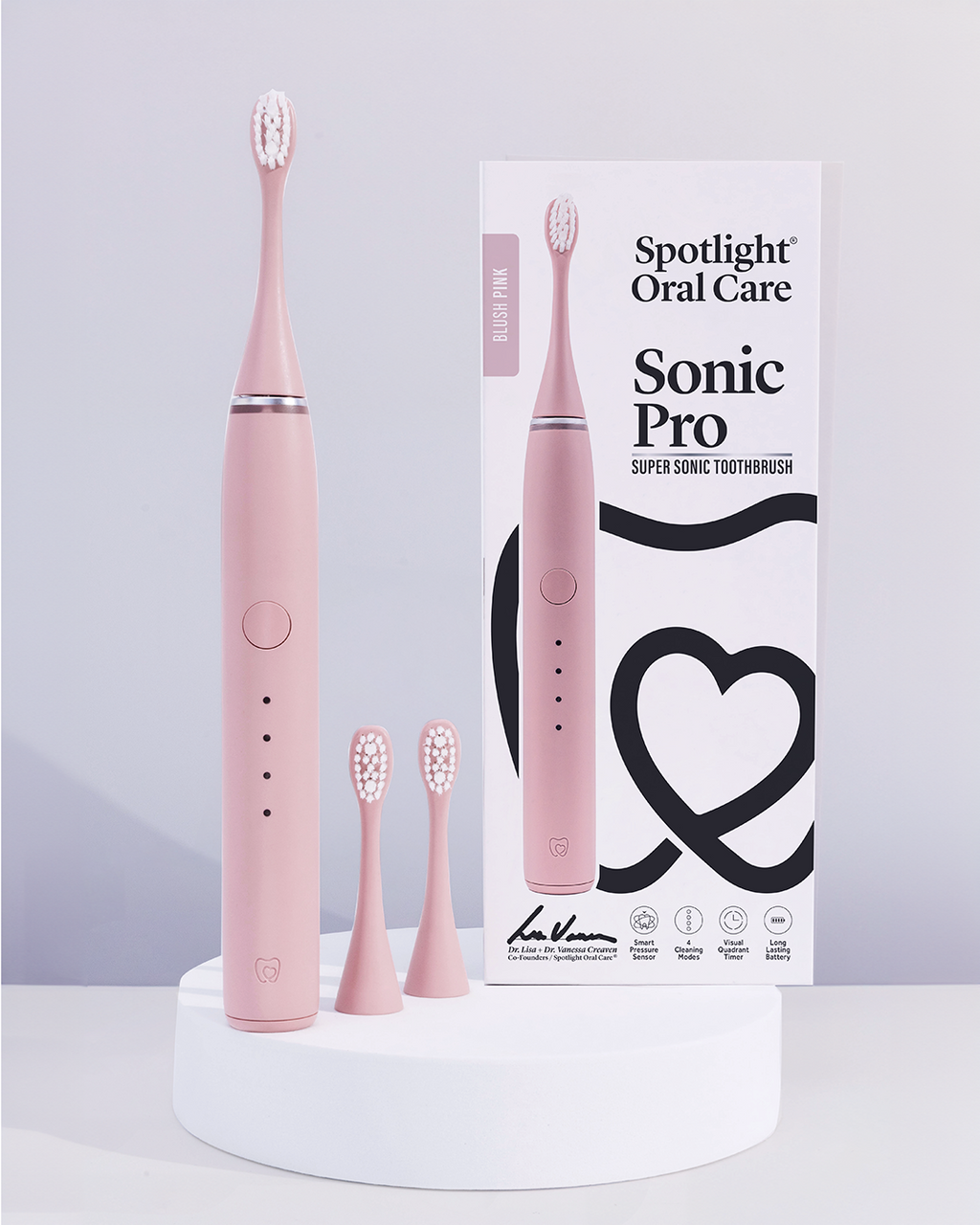 Blush Pink Sonic Pro Toothbrush equipped with a visual quadrant timer and micro point tongue cleaner for comprehensive oral hygiene​