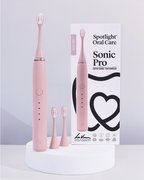 Blush Pink Sonic Pro Toothbrush equipped with a visual quadrant timer and micro point tongue cleaner for comprehensive oral hygiene​