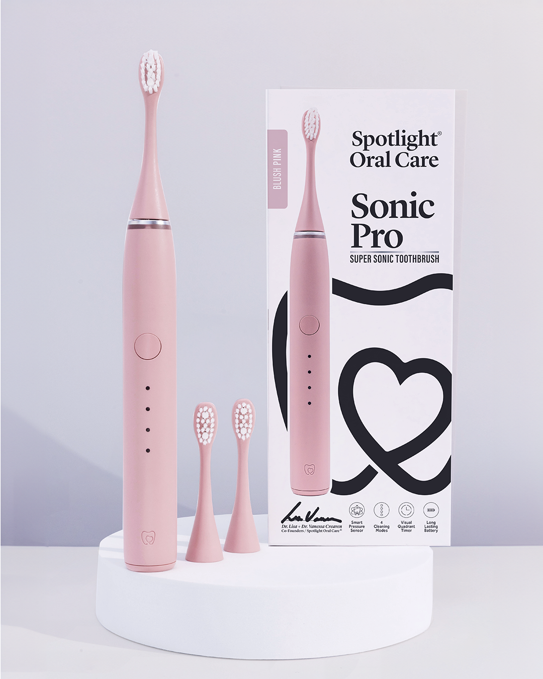 Blush Pink Sonic Pro Toothbrush equipped with a visual quadrant timer and micro point tongue cleaner for comprehensive oral hygiene​
