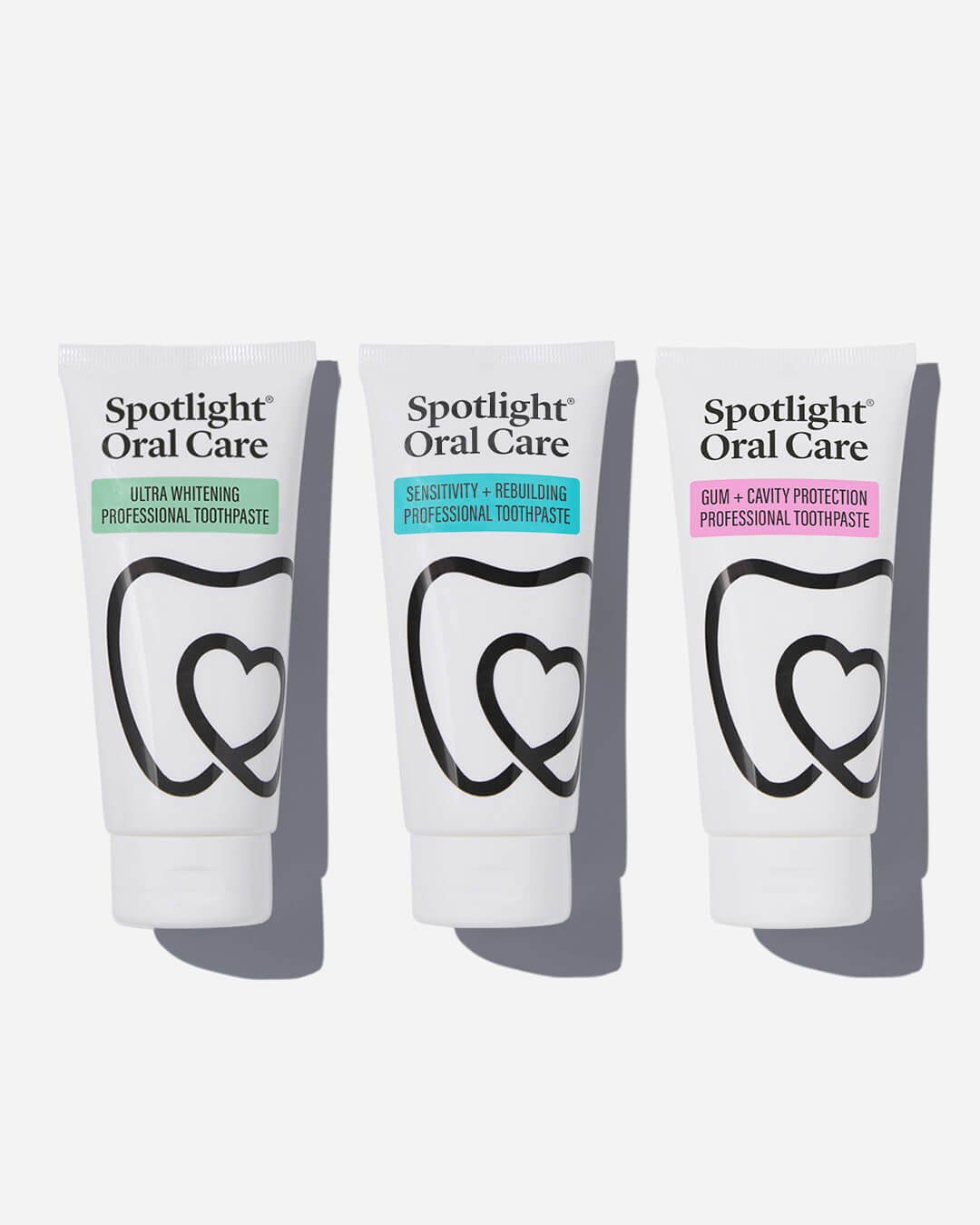 Spotlight Oral Care Toothpaste Trio Bundle featuring Ultra Whitening, Gum + Cavity Protection, and Sensitivity + Rebuilding toothpastes​