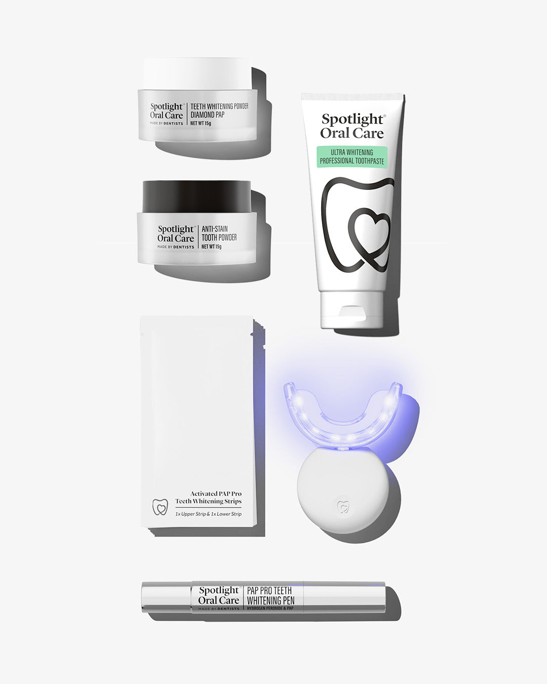 Spotlight Oral Care Brand New Smile Bundle featuring LED whitening system, whitening pen, strips, powders, and toothpaste​