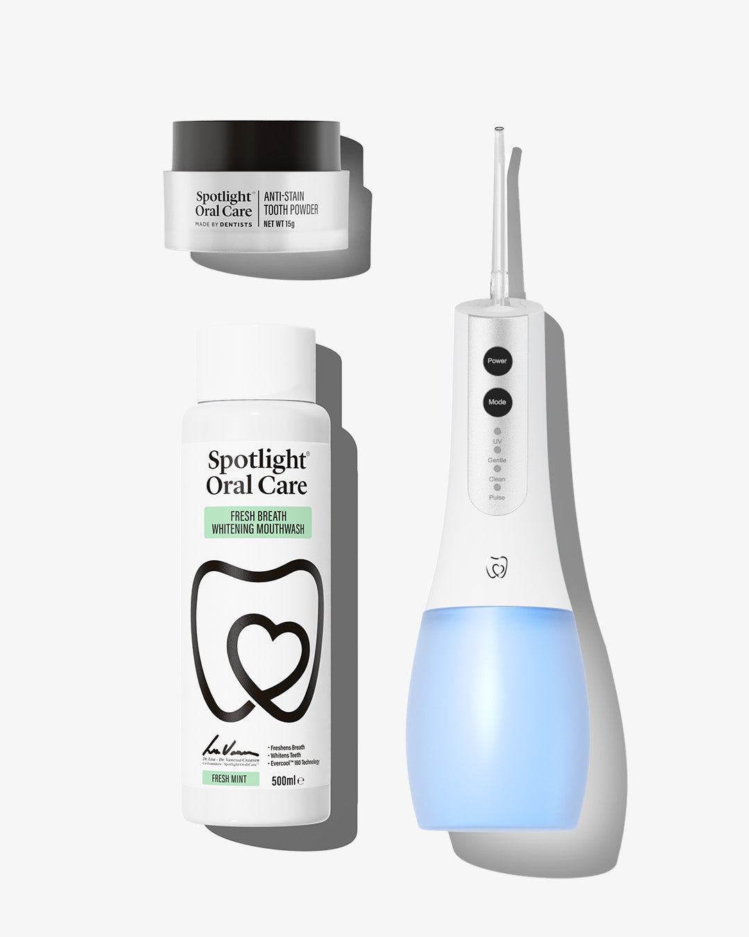 Spotlight Oral Care Fresh and White bundle with whitening toothpaste, water flosser, and mouthwash