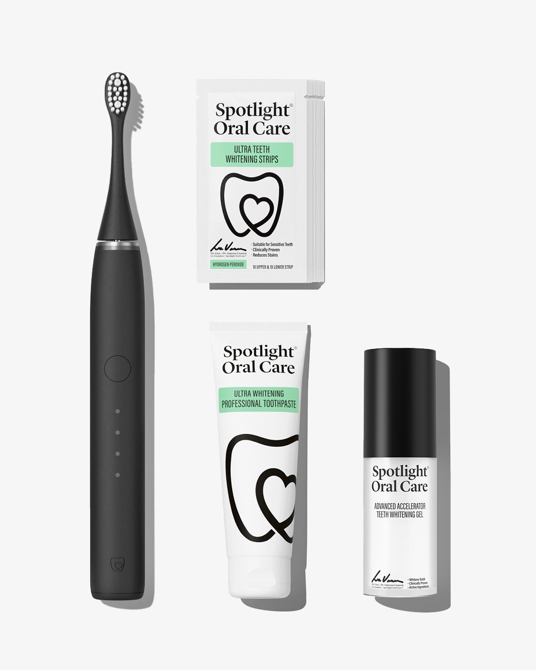 Spotlight Oral Care Sonic Pro Starter Bundle in Jet Black featuring electric toothbrush, whitening strips, accelerator gel, and professional toothpaste​