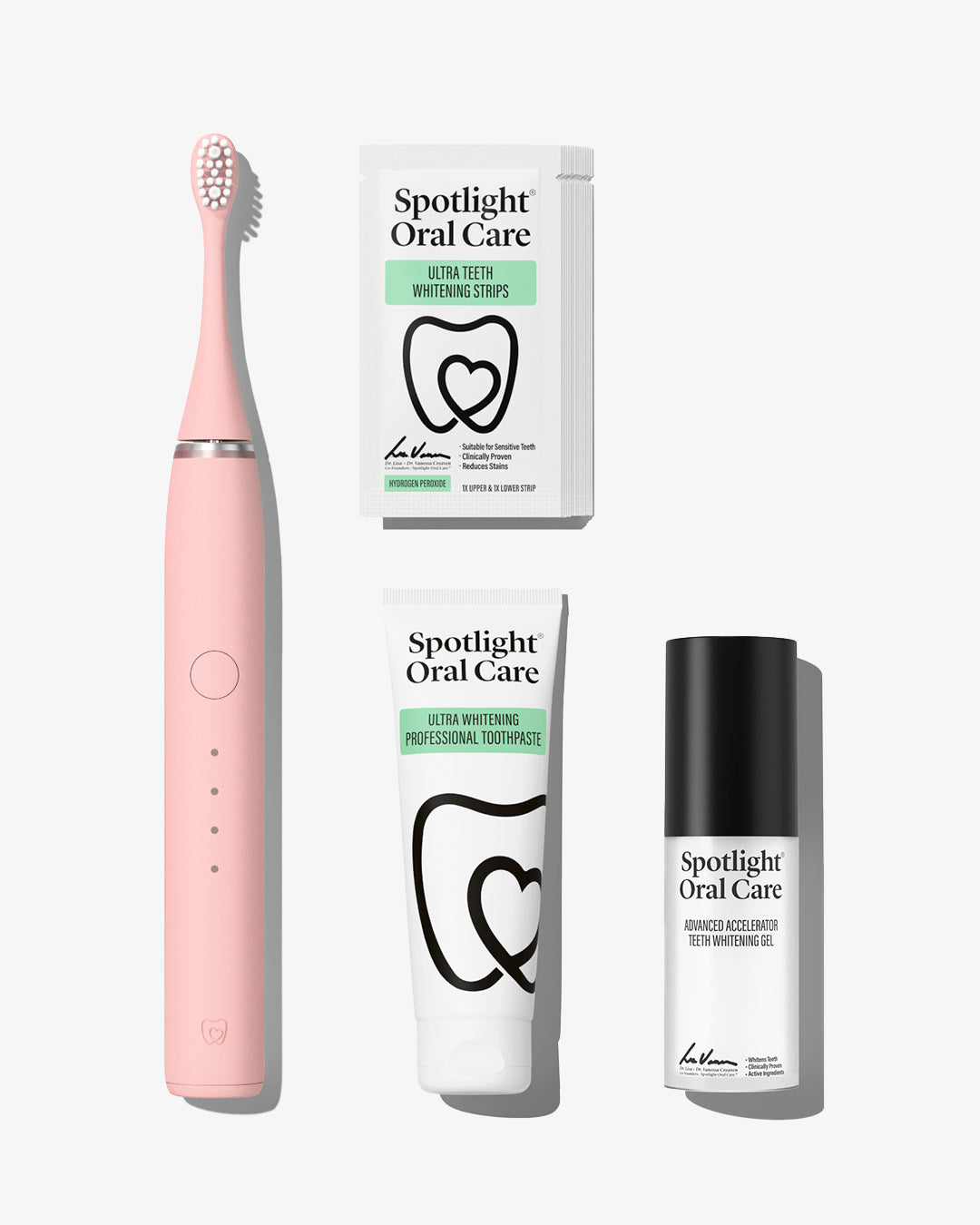 Spotlight Oral Care Sonic Pro Starter Bundle in Blush Pink featuring electric toothbrush, whitening strips, accelerator gel, and professional toothpaste