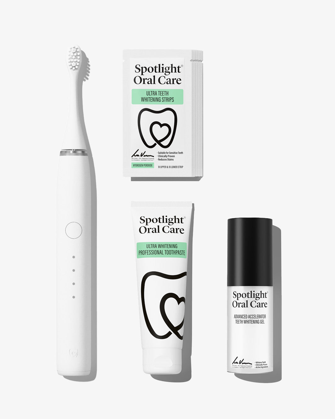 Spotlight Oral Care Sonic Pro Starter Bundle in Pure White featuring electric toothbrush, whitening strips, accelerator gel, and professional toothpaste​