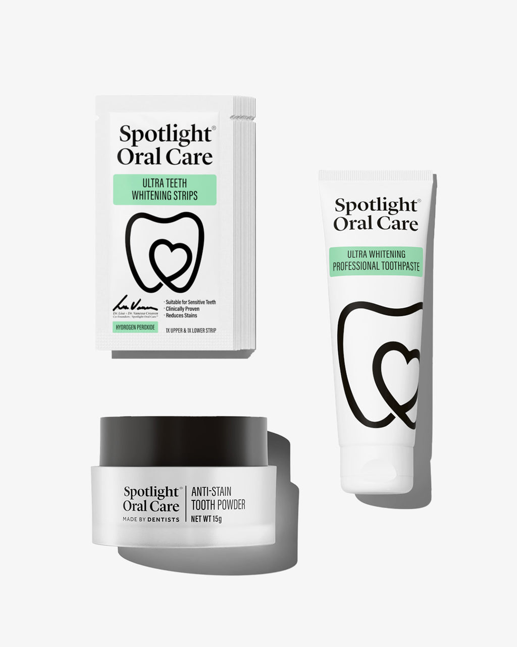 Spotlight Oral Care Strip Away Stains Bundle featuring Ultra Teeth Whitening Strips, Anti-Stain Tooth Powder, and Ultra Whitening Professional Toothpaste​