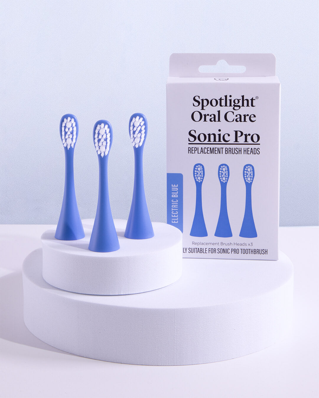 Dentist-developed Electric Blue replacement heads for the Sonic Pro Toothbrush, recommended for replacement every 3 months​