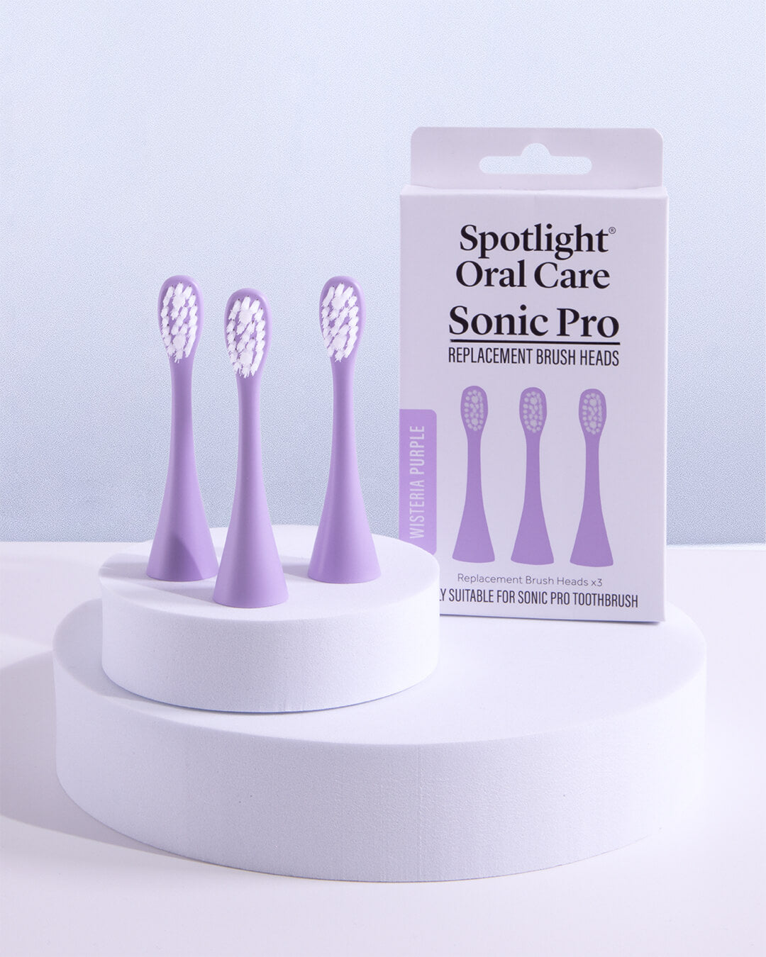Set of three Wisteria Purple Sonic Pro brush heads designed for optimal plaque removal and gum health​