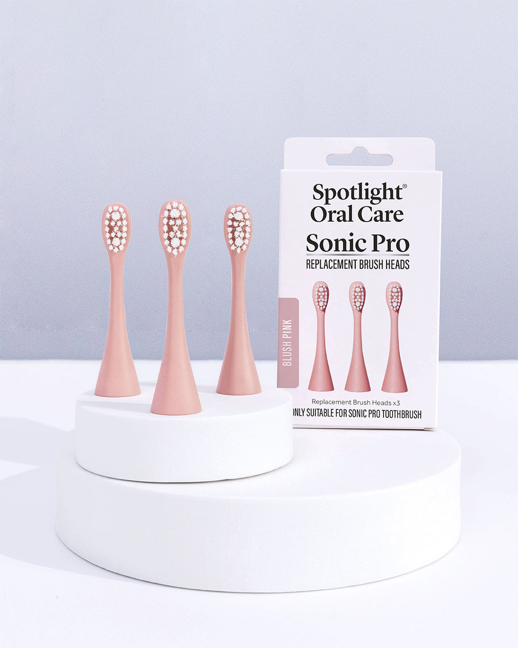 Dentist-developed Blush Pink replacement heads for the Sonic Pro Toothbrush, recommended for replacement every 3 months to maintain oral hygiene​