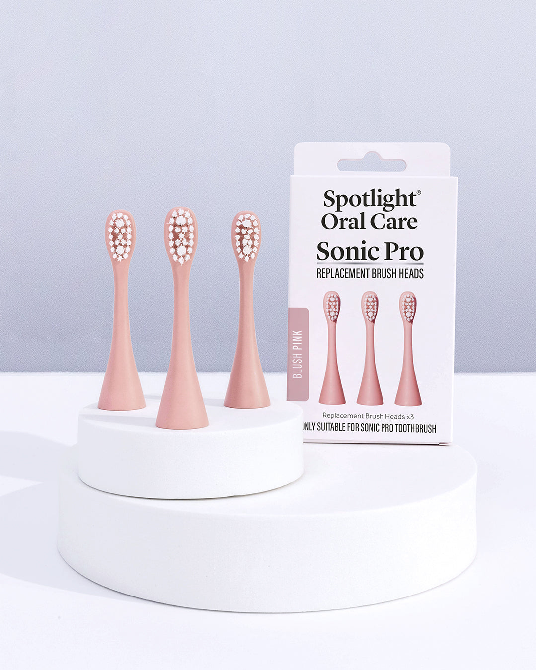 Dentist-developed Blush Pink replacement heads for the Sonic Pro Toothbrush, recommended for replacement every 3 months to maintain oral hygiene​