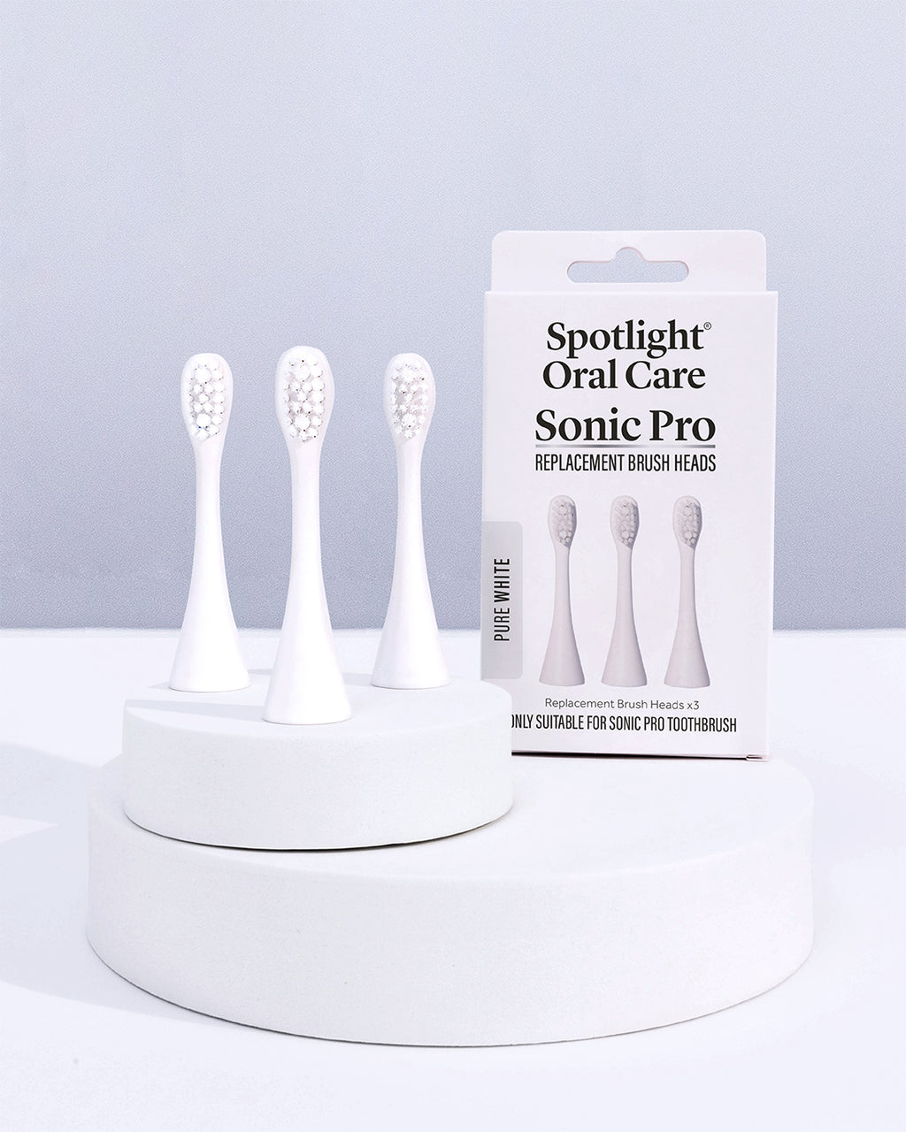 Dentist-developed Pure White replacement heads for the Sonic Pro Toothbrush, recommended for replacement every 3 months to maintain oral hygiene​