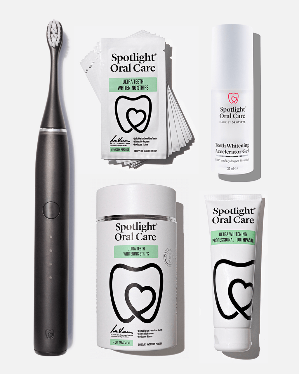 Spotlight Oral Care Sonic Pro Starter Bundle in Jet Black featuring electric toothbrush, whitening strips, accelerator gel, and professional toothpaste​