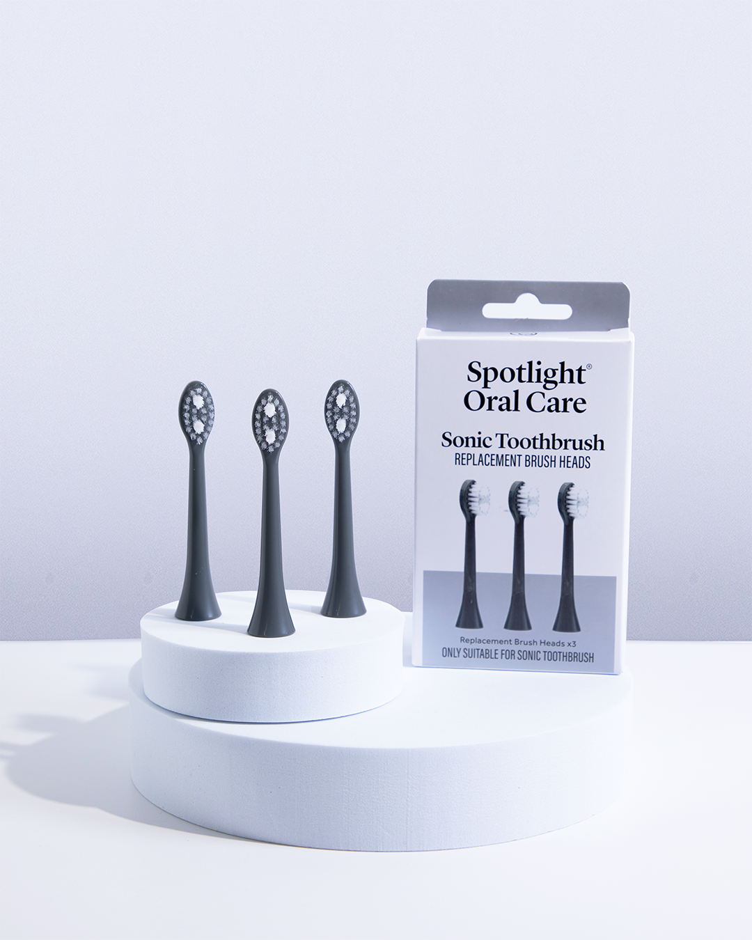 Set of three Graphite Grey Sonic Toothbrush heads featuring gentle yet effective bristles to ensure a thorough clean while being kind to teeth and gums​