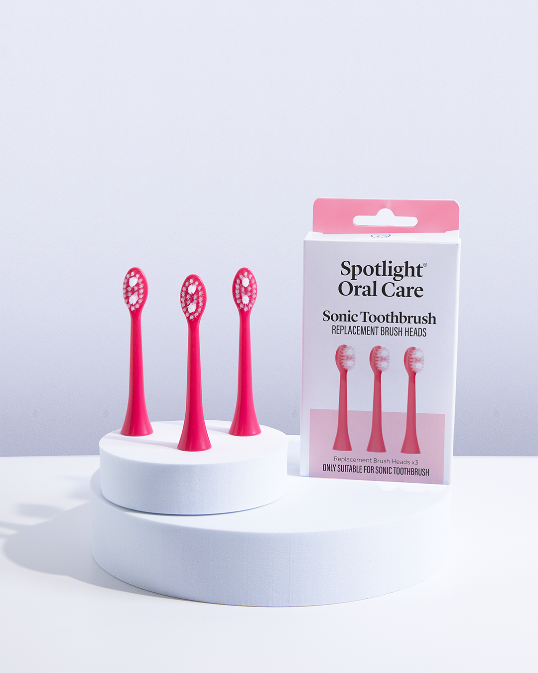 Set of three Watermelon Pink brush heads for the Sonic Toothbrush, featuring soft bristles for effective plaque removal and gum care​
