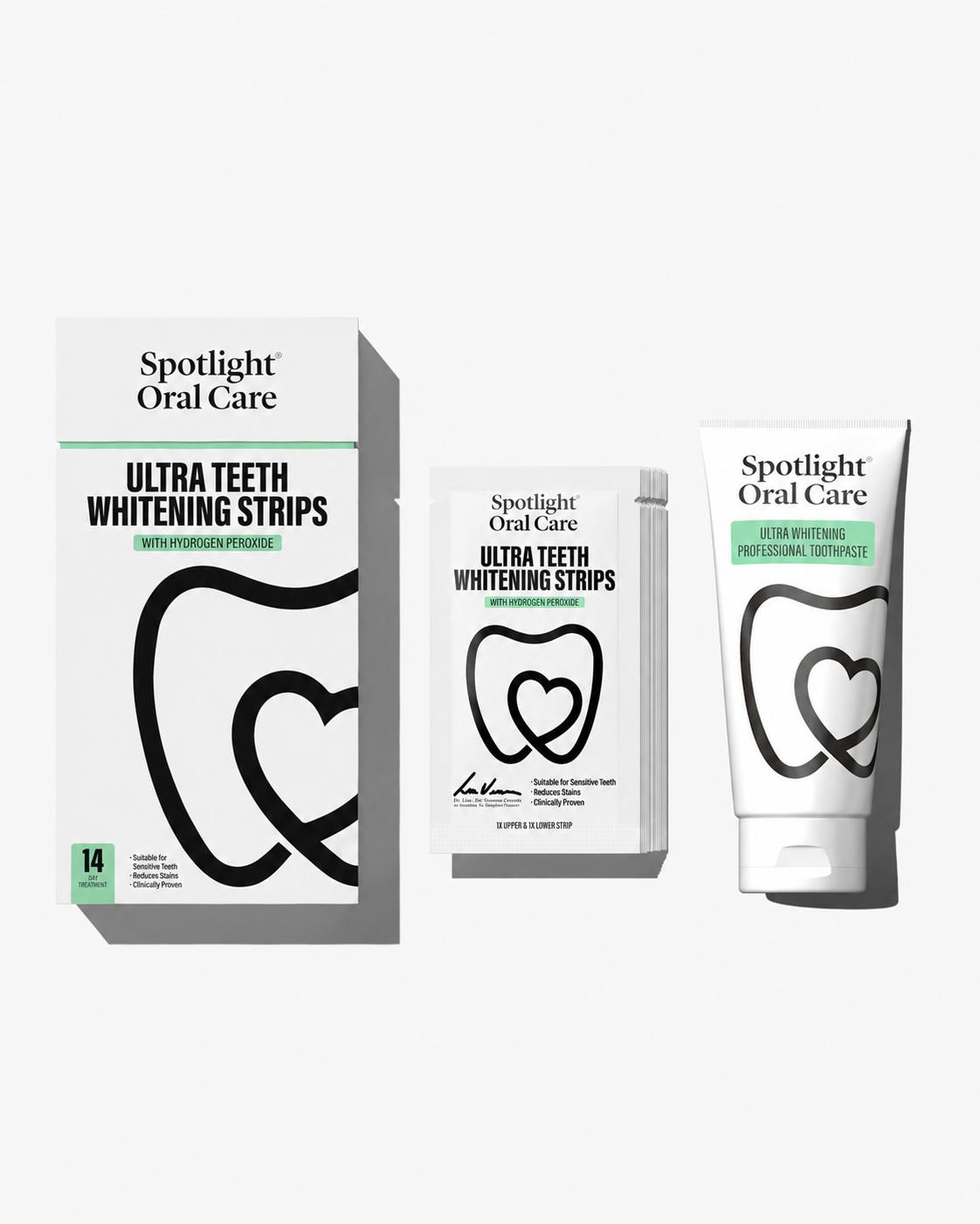 Spotlight Oral Care Ultra Teeth Whitening Strips shown with its retail box, a smaller inner box, and a white tube on a clean light gray background.