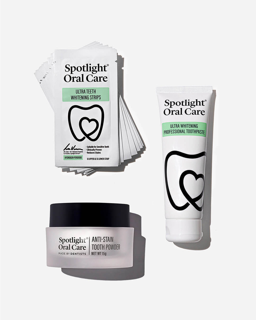 Spotlight Oral Care Strip Away Stains Bundle featuring Ultra Teeth Whitening Strips, Anti-Stain Tooth Powder, and Ultra Whitening Professional Toothpaste​