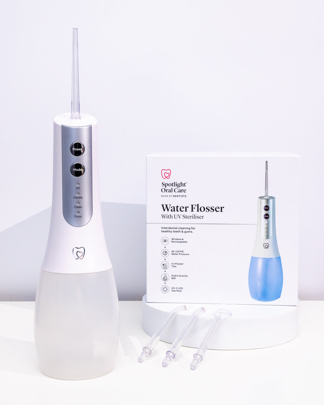 Dentist-developed water flosser with UV-C LED technology eliminating up to 99.9% of bacteria in water, ensuring optimal hygiene​